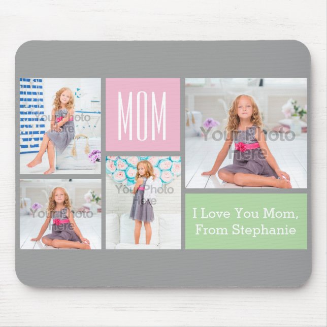 Custom Mothers Day Photo Collage Pink/Green/Grey Mouse Pad (Front)
