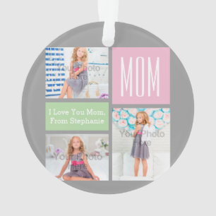 Custom Mothers Day Photo Collage Pink/Green/Grey Ornament