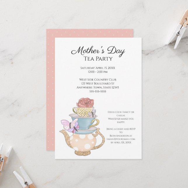 Custom Mother's Day Tea Party Invitation (Front/Back In Situ)