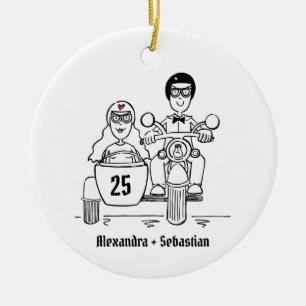 Custom Motorbike & Sidecar Wedding Anniversary Ceramic Ornament