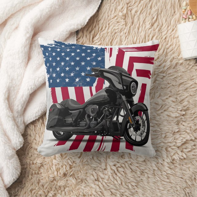 Custom motorcycle art with American flag backdrop Cushion (Blanket)