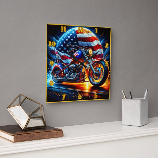 Custom motorcycle revving on a patriotic backdrop square wall clock (Office)