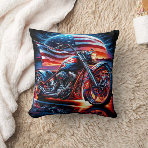 Custom motorcycle with an American flag at sunset Cushion