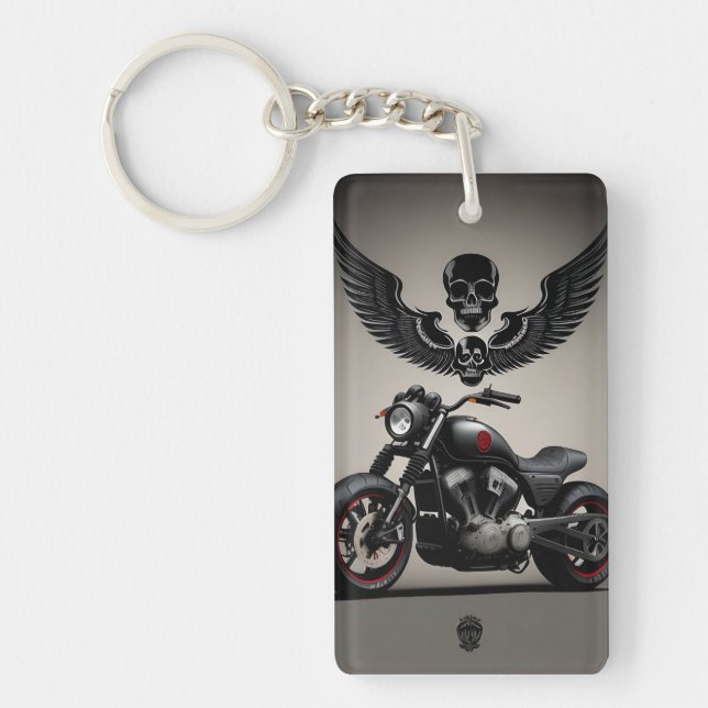 Custom Motorcycle with Skull and Wing Graphic Key Ring (Front)