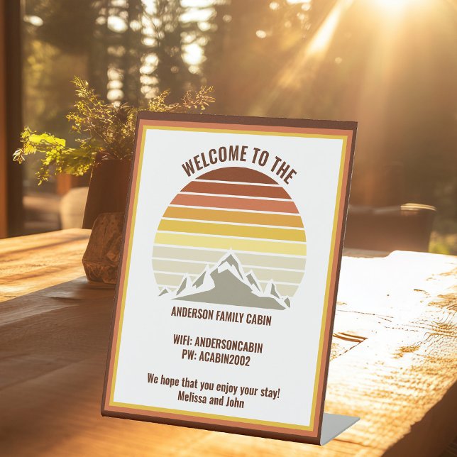 Custom Mountain Sunset Log Cabin Welcome Pedestal Sign (Creator Uploaded)