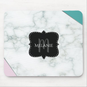 Custom Mouse Pad Pink Aqua Marble Monogram