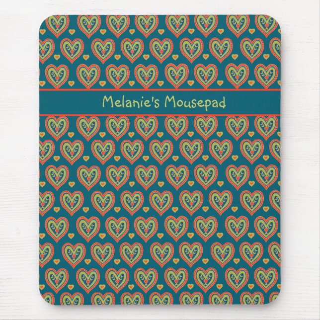 Custom Mousepad, Red, Green Hearts on Dark Teal Mouse Pad (Front)