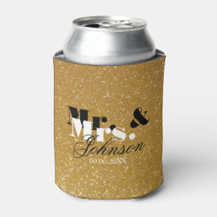 Custom Mr and Mrs gold glitter wedding can coolers