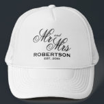 Custom Mr and Mrs newly weds wedding couple Trucker Hat<br><div class="desc">Custom Mr and Mrs newly weds wedding couple Trucker Hat. Elegant typography design caps for couple,  husband and wife,  newly weds etc.  Add your own personalised name and date of marriage. White and other colours available.</div>