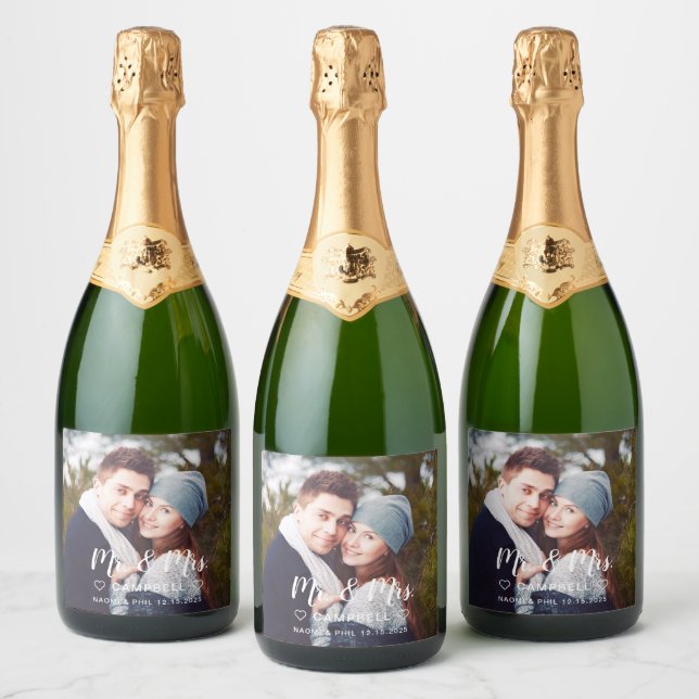 Custom Mr. And Mrs. Newlywed Photo Wedding Sparkling Wine Label (Bottles)