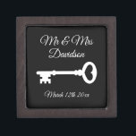 Custom Mr and Mrs old vintage key wedding ring Gift Box<br><div class="desc">Custom Mr and Mrs old vintage key wedding ring keepsake gift box with magnetic lid. Add personalised surname of bride and groom / newly weds. Key to my heart symbol design with stylish script typography template. Also nice for elegant engagement, anniversary, bridal shower etc. Romantic wooden boxes for him and...</div>
