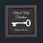 Custom Mr and Mrs old vintage key wedding ring Gift Box<br><div class="desc">Custom Mr and Mrs old vintage key wedding ring keepsake gift box with magnetic lid. Add personalised surname of bride and groom / newly weds. Key to my heart symbol design with stylish script typography template. Also nice for elegant engagement, anniversary, bridal shower etc. Romantic wooden boxes for him and...</div>