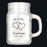 Custom Mr and Mrs wedding mason jar handle mugs<br><div class="desc">Mr and Mrs custom DIY mason jar mugs with handle. Great for beer drinking, candle lights, flowers etc. Elegant double heart design for stylish home, rustic country chic wedding venue, anniversary, vintage engagement bbq, bridal shower, marriage, Birthday party, rehearsal dinner etc. Entwined hearts icon image with classy typography template. Add...</div>
