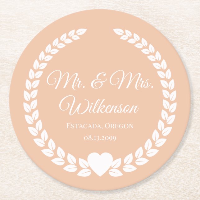 Custom Mr. & Mrs. Bride and Groom Newlywed Round Paper Coaster (Front)