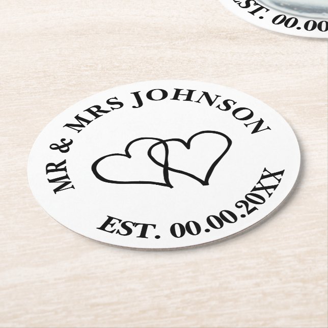 Custom mr mrs double heart wedding party coasters (Angled)