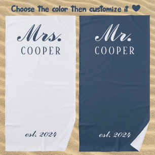Custom Mr&Mrs Honeymoon Gift Newlyweds Grey Beach Towel