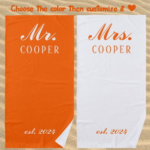 Custom Mr&Mrs Honeymoon Gift Newlyweds Orange Beach Towel