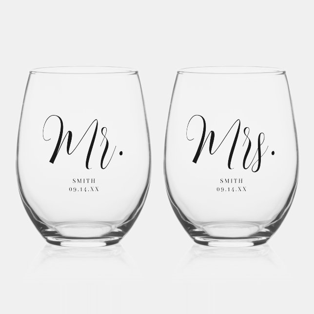 Custom 'Mr. & Mrs.' Minimal Script Wedding Stemless Wine Glass (Front)