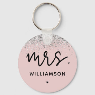 Custom Mrs. Elegant Wedding Glitter Confetti Key Ring