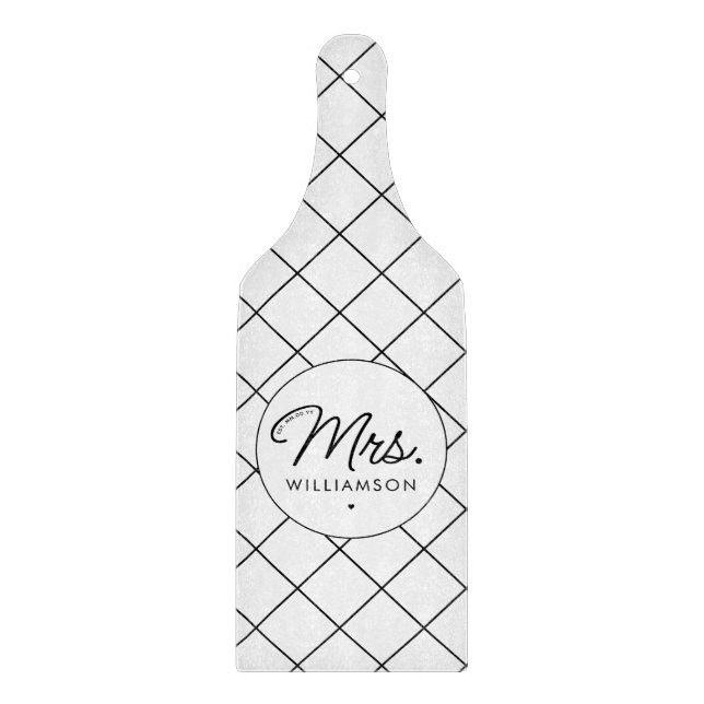 Custom Mrs. Est. Modern Elegant Script Newlywed Cutting Board (Front)
