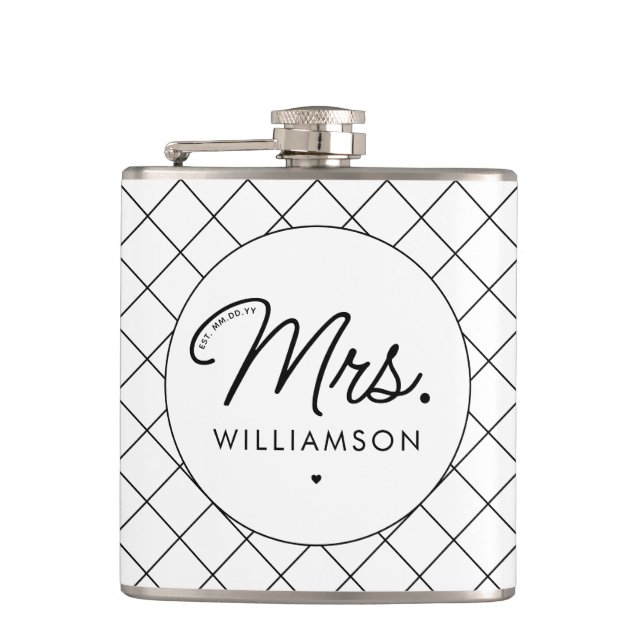 Custom Mrs. Est. Modern Elegant Script Newlywed Hip Flask (Front)