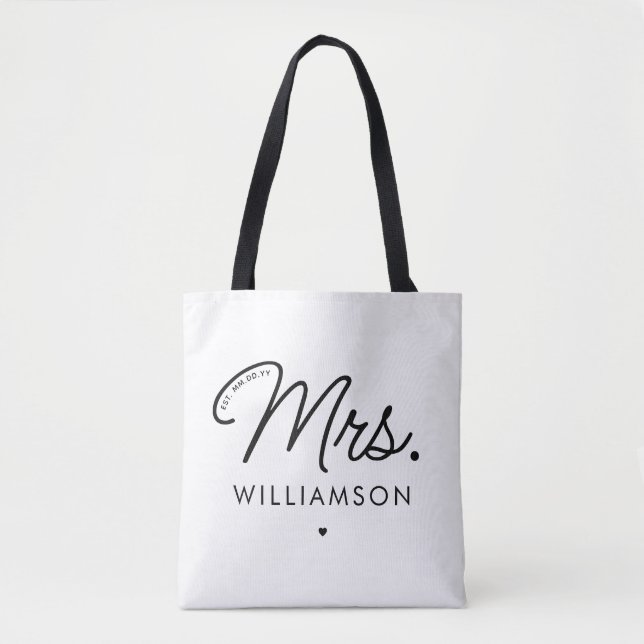 Custom Mrs. Est. Modern Elegant Script Newlywed Tote Bag (Front)