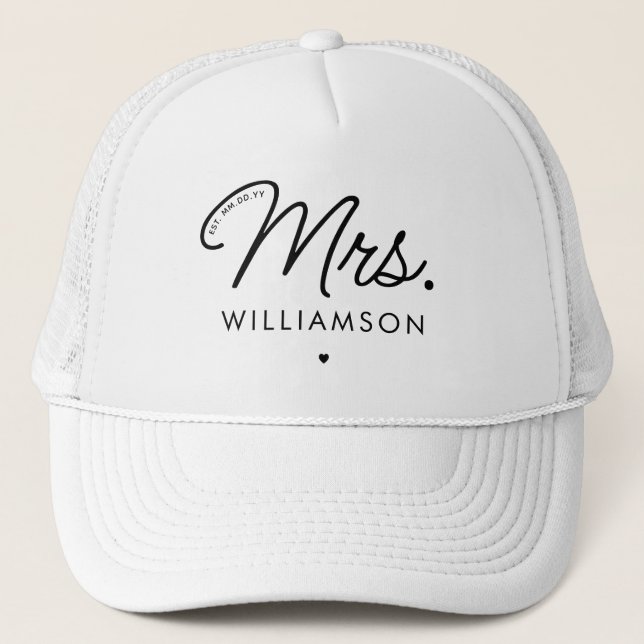 Custom Mrs. Est. Modern Elegant Script Newlywed Trucker Hat (Front)