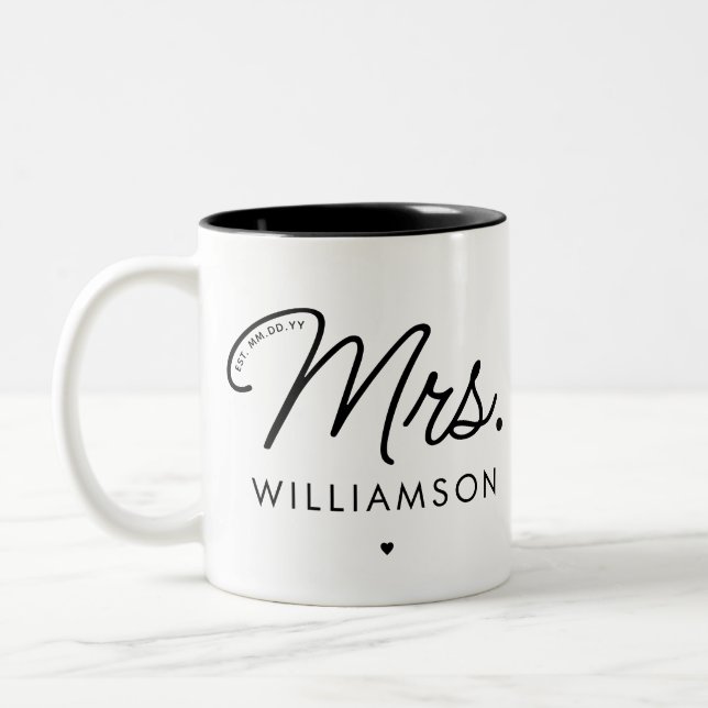 Custom Mrs. Est. Modern Elegant Script Newlywed Two-Tone Coffee Mug (Left)
