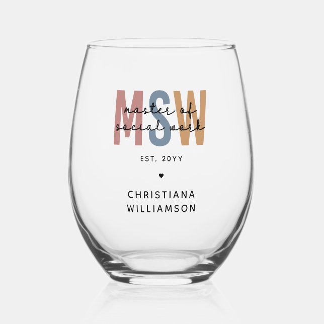 Custom MSW Master of Social Work Retro Graduation Stemless Wine Glass (Front)