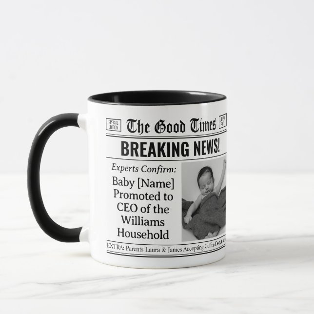 Custom Mug, New Baby Fun Gift Idea, Newspaper  Mug (Left)