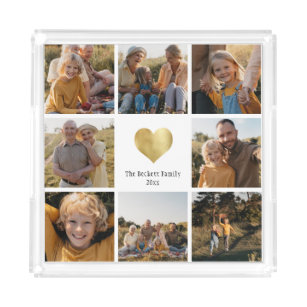 Custom Multi Photo Family Keepsake Gold Heart Acrylic Tray