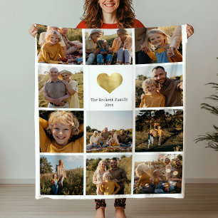 Custom Multi Photo Family Keepsake Gold Heart Fleece Blanket