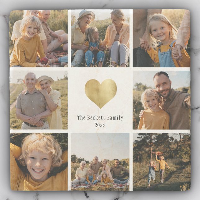 Custom Multi Photo Family Keepsake Gold Heart Stone Coaster (Creator Uploaded)