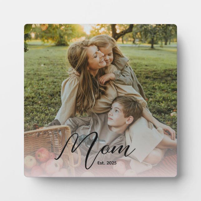 Custom Mum Est. Modern Script Soft Overlay Photo Plaque (Front)