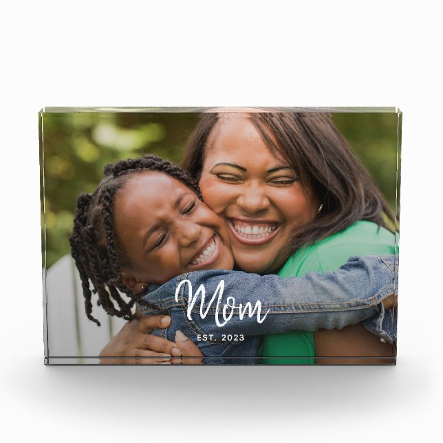 Custom Mum Established Modern Script Photo Block (Front)