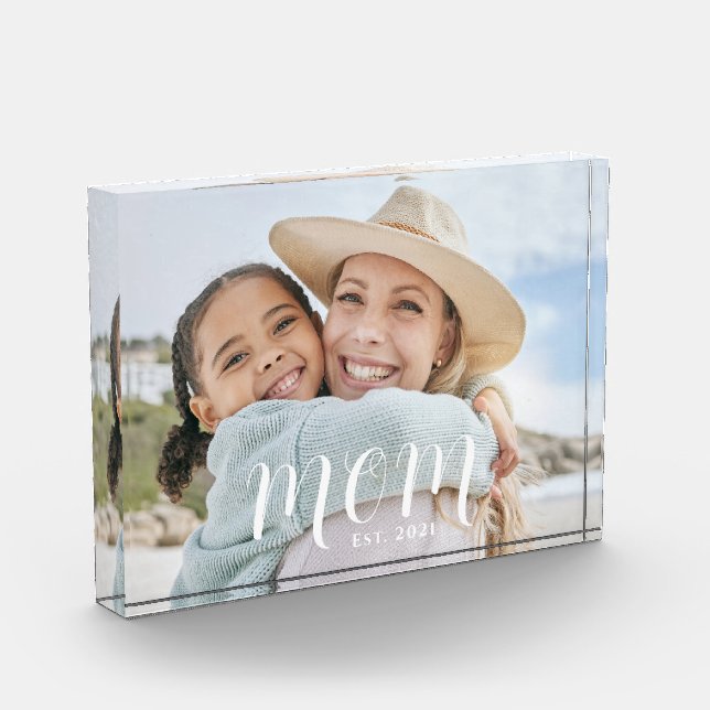 Custom Mum Established Modern Script Photo Block (Left)