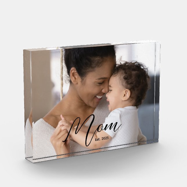 Custom Mum Established Modern Script Photo Block (Left)