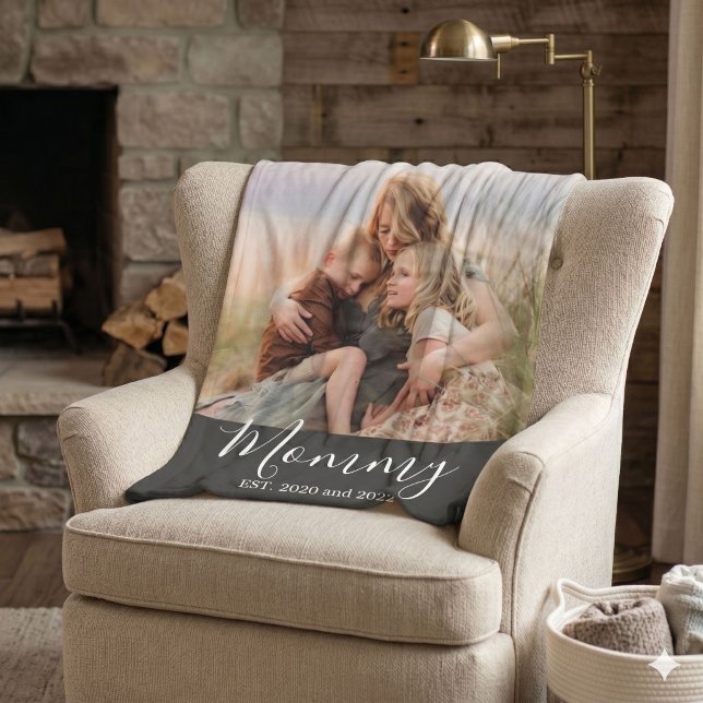 Custom Mum Established Modern Script Photo  Fleece Blanket (Creator Uploaded)