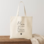 Custom Mum & Nana EST New Grandma Gift Tote Bag<br><div class="desc">Celebrate motherhood and grandmotherhood in timeless style with this minimalist custom tote bag. Featuring elegant script font and personalised "EST" years for both "Mum" and "Nana, " this reusable canvas tote makes a meaningful gift for new moms, new grandmas, or a sweet generational tribute. Perfect for grocery runs, baby showers,...</div>