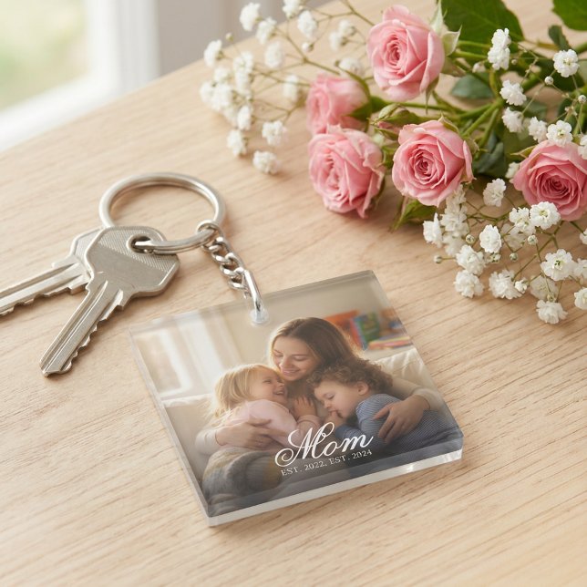 Custom Mum Photo Script Est Date Mother's Day Key Ring (Mom Established White Elegant Script Photo Keychain )
