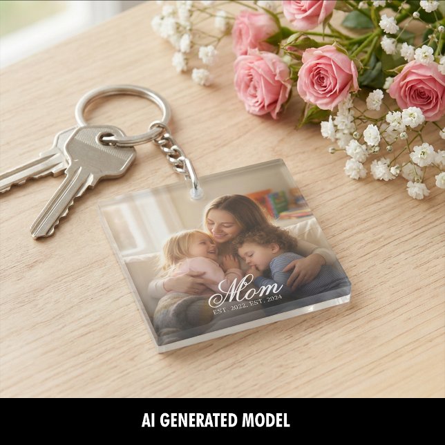 Custom Mum Photo Script Est Date Mother's Day Key Ring (Mom Established White Elegant Script Photo Keychain )