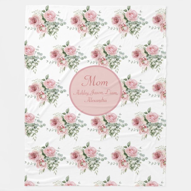 Custom Mum Pink Roses Floral 4 to 8 Kids Names Fleece Blanket (Front)