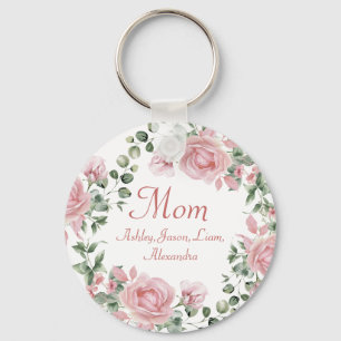 Custom Mum Pink Roses Floral 4 to 8 Kids Names Key Ring