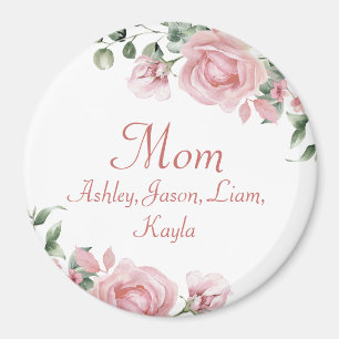 Custom Mum Pink Roses Floral 4 to 8 Kids Names Magnet