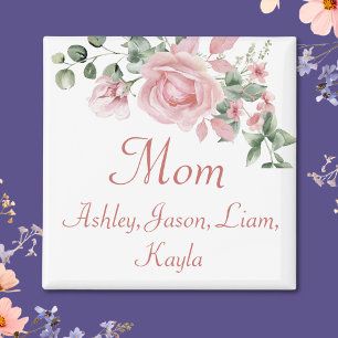 Custom Mum Pink Roses Floral 4 to 8 Kids Names Magnet