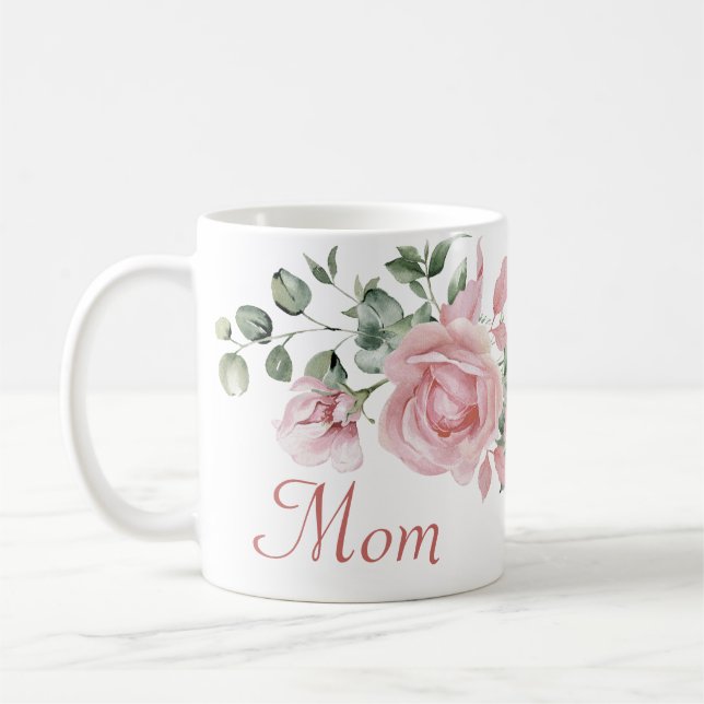 Custom Mum Pink Roses Floral Personalised  Coffee Mug (Left)