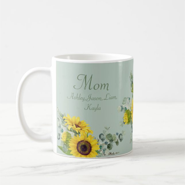 Custom Mum Sunflower Floral 4 to 8 Kids Names Coffee Mug (Left)