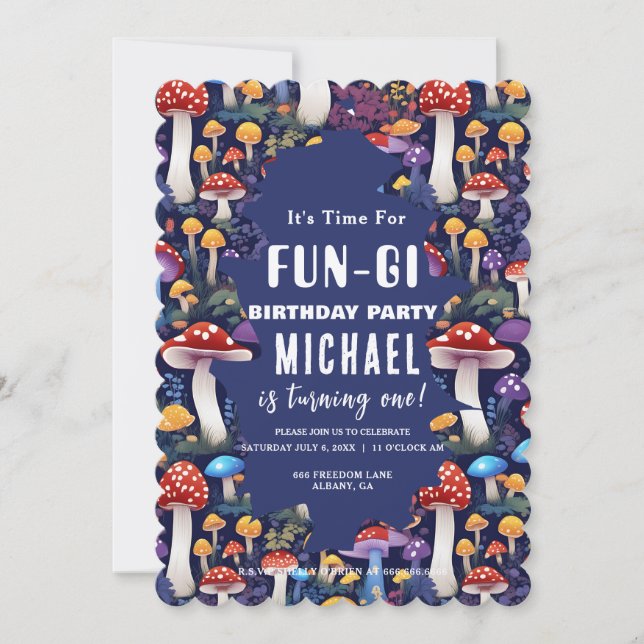 Custom Mushroom Fun-gi Card, Mushroom Pun Birthday Invitation (Front)