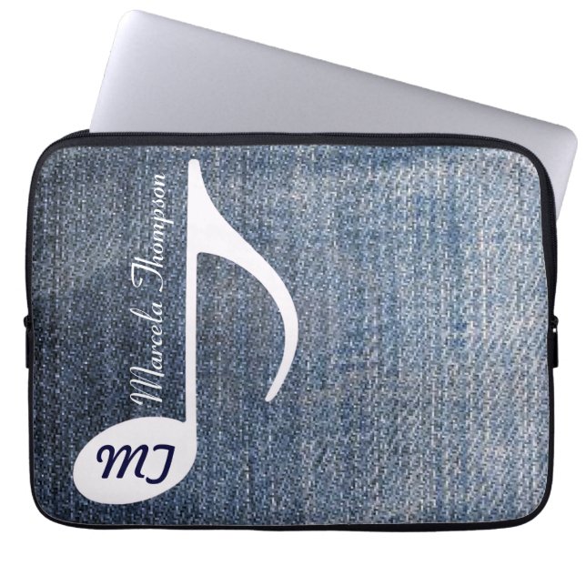 custom music note on jeans laptop sleeve (Front)