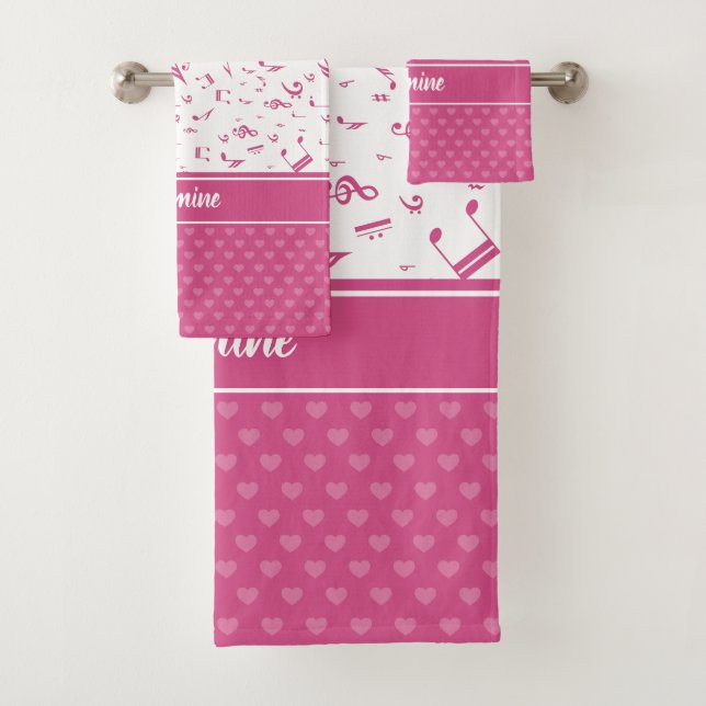 Custom Music Notes and Hearts Pattern Pink Bath Towel Set (Insitu)